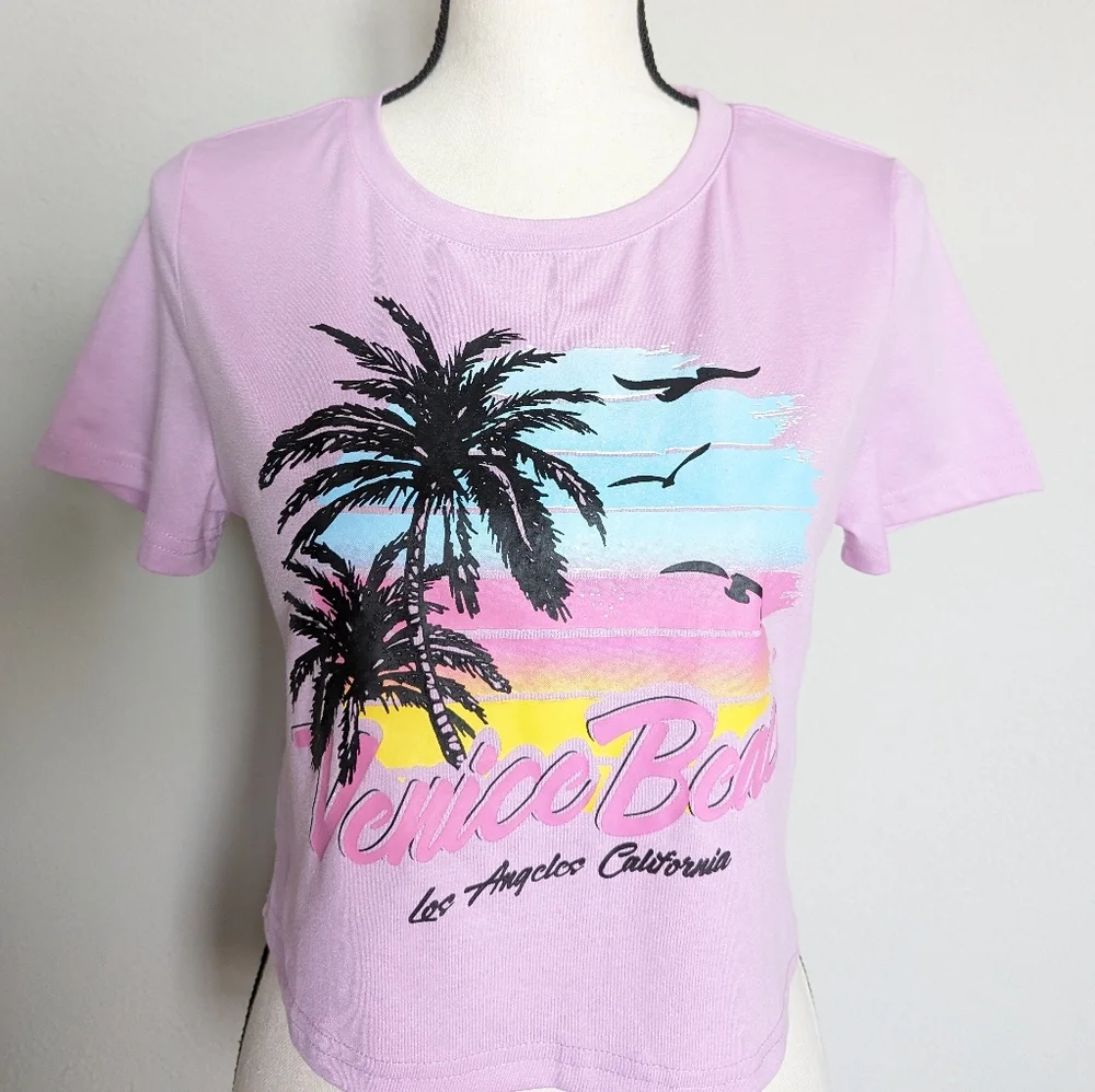 Venice Beach pastel purple pink yellow and blue graphic cropped tee size L - Picture 3 of 8